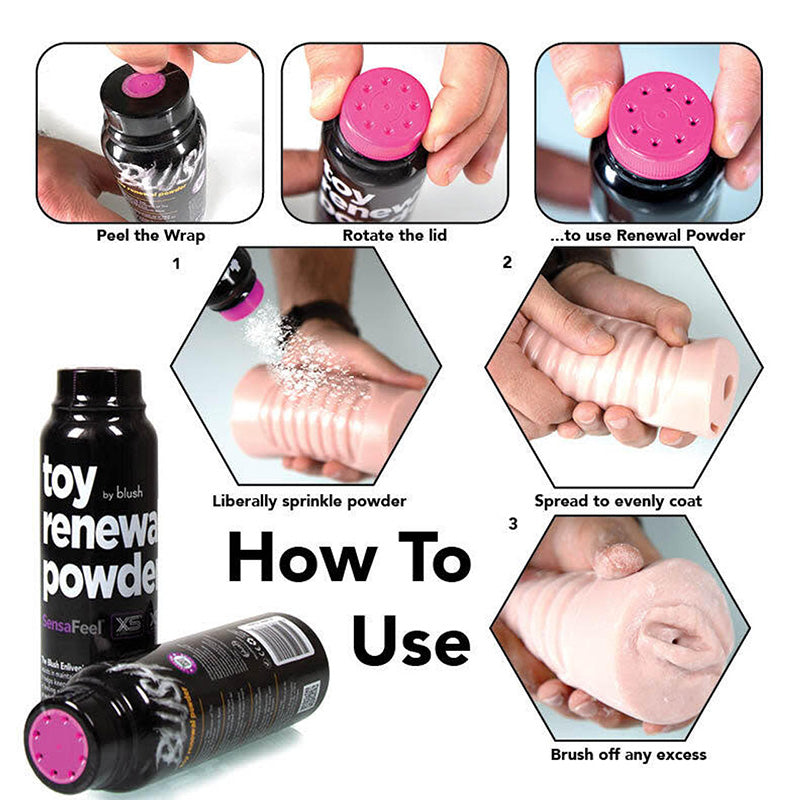 Step-by-step guide on how to use toy renewal powder with product packaging.