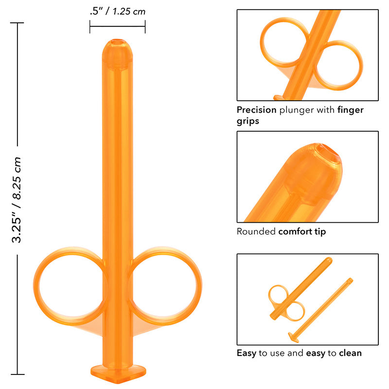 Features and measurements of CalExotics SE-2380-03-2 Lube Tube Syringe Style Lubricant Applicators Orange