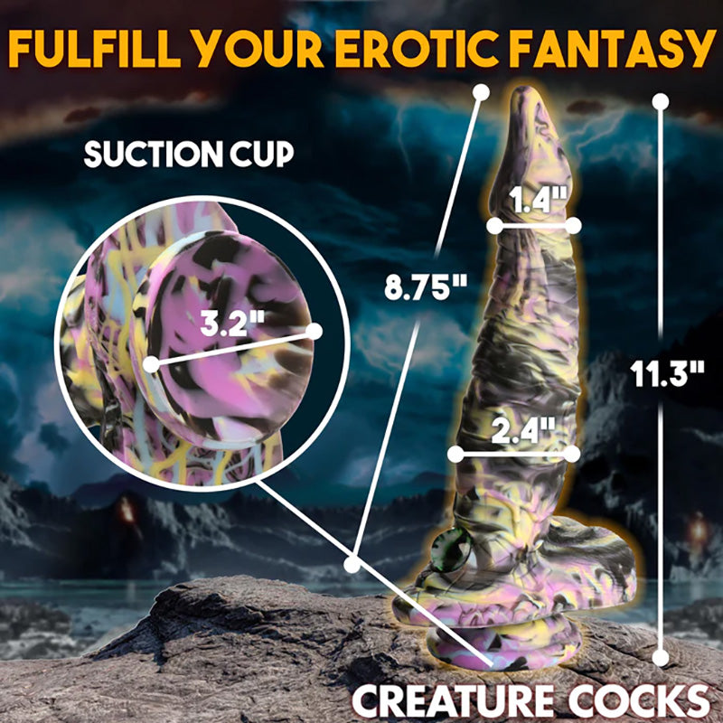 XR Brands AH263 Creature Cocks Cyclops Monster Silicone Dildo with measurements and text 'Fulfill Your Erotic Fantasy' on a dark stormy background