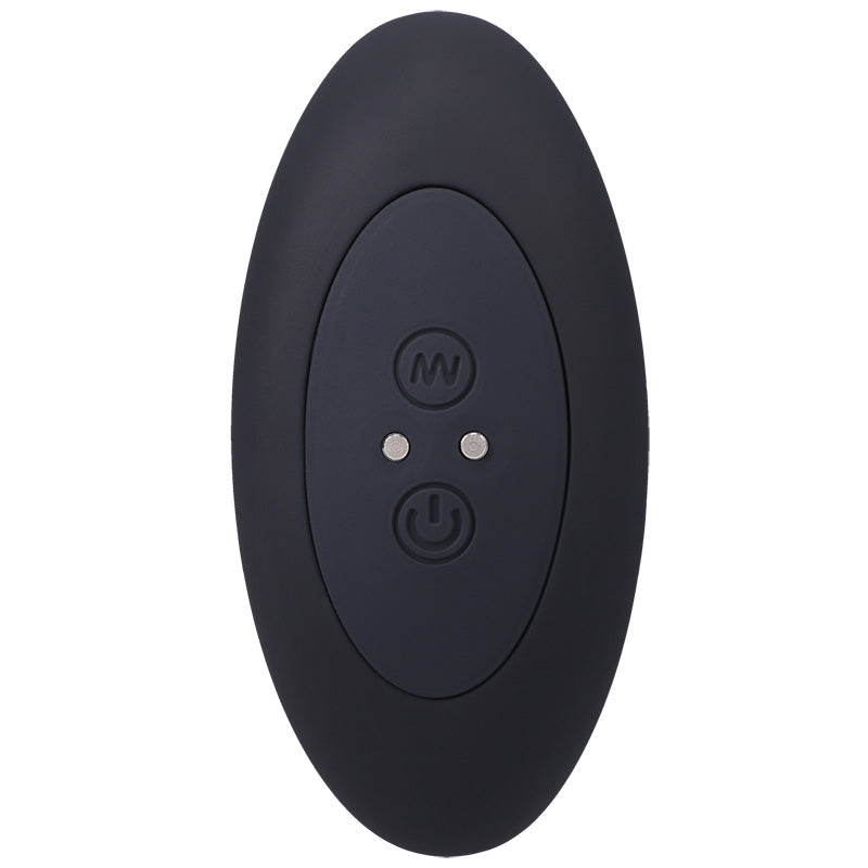 Oval, two-button remote control for the Doc Johnson A-Play Beaded Vibe anal plug with magnetic charging port
