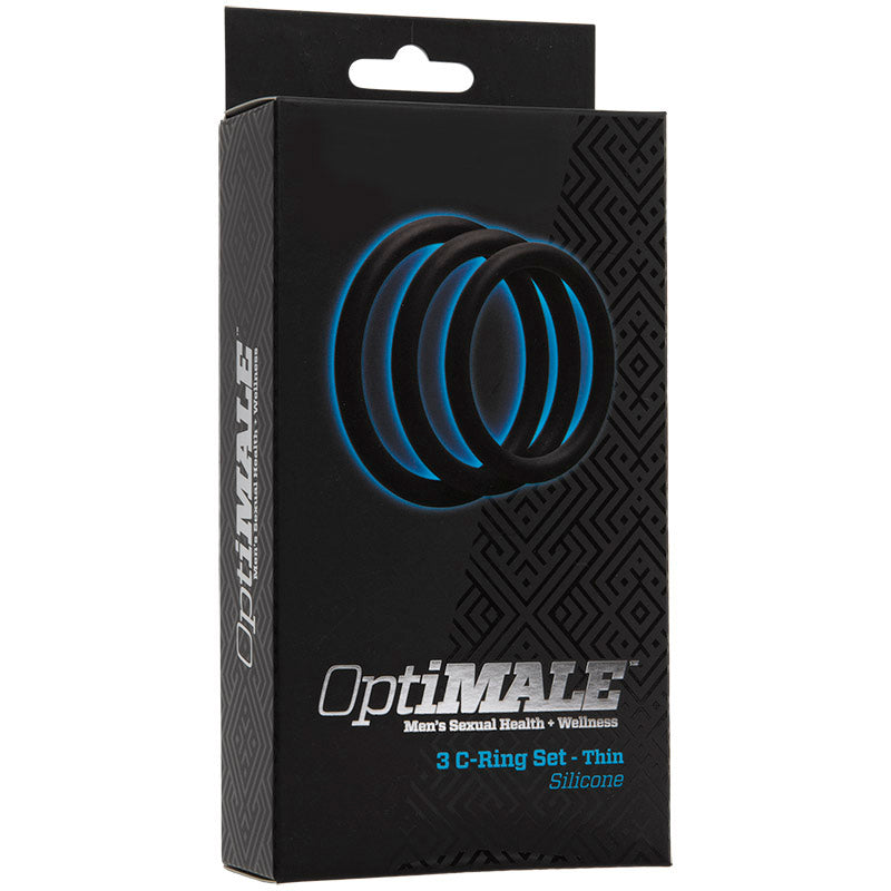 OptiMALE packaging with three black silicone rings on a white background
