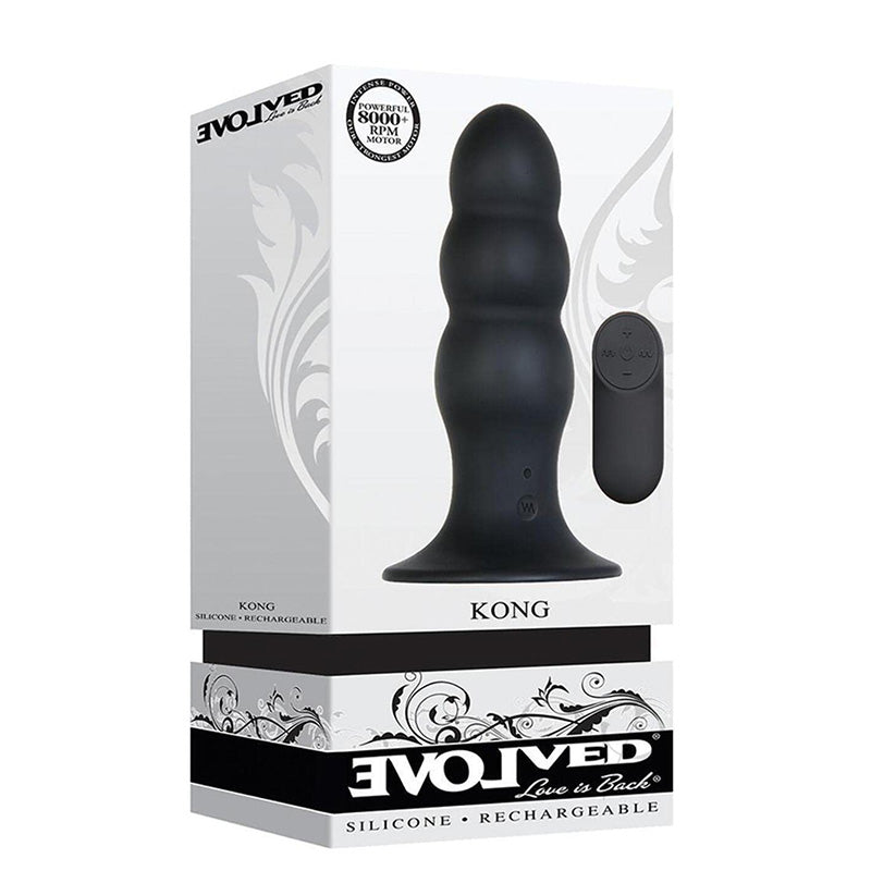 Product packaging for Evolved Novelties EN-RS-4432-2 Kong Rechargeable Vibrating Remote Control Silicone Butt Plug with bulbed black butt plug on a white and grey background