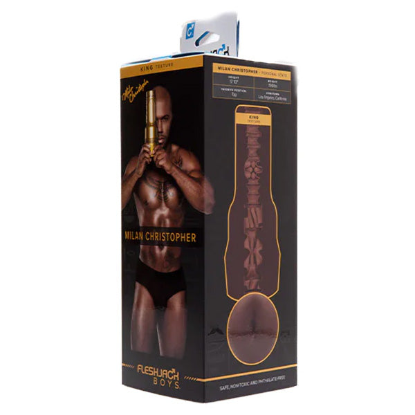 Product packaging for Fleshlight Boys Milan Christopher with a man holding a Fleshlight, on a white background.