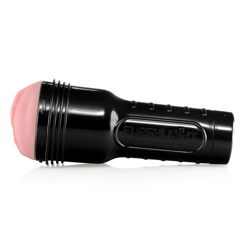 Black Fleshlight case with cap removed and pink sleeve