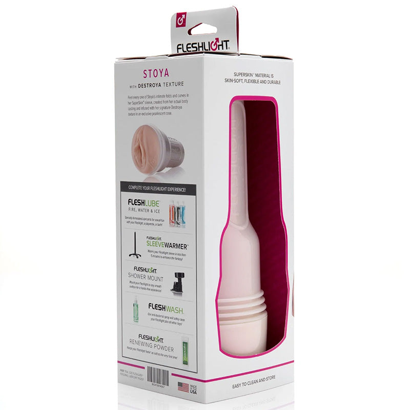 Fleshlight Girls Stoya Destroya packaging with white Fleshlight seen through viewing window on a white background