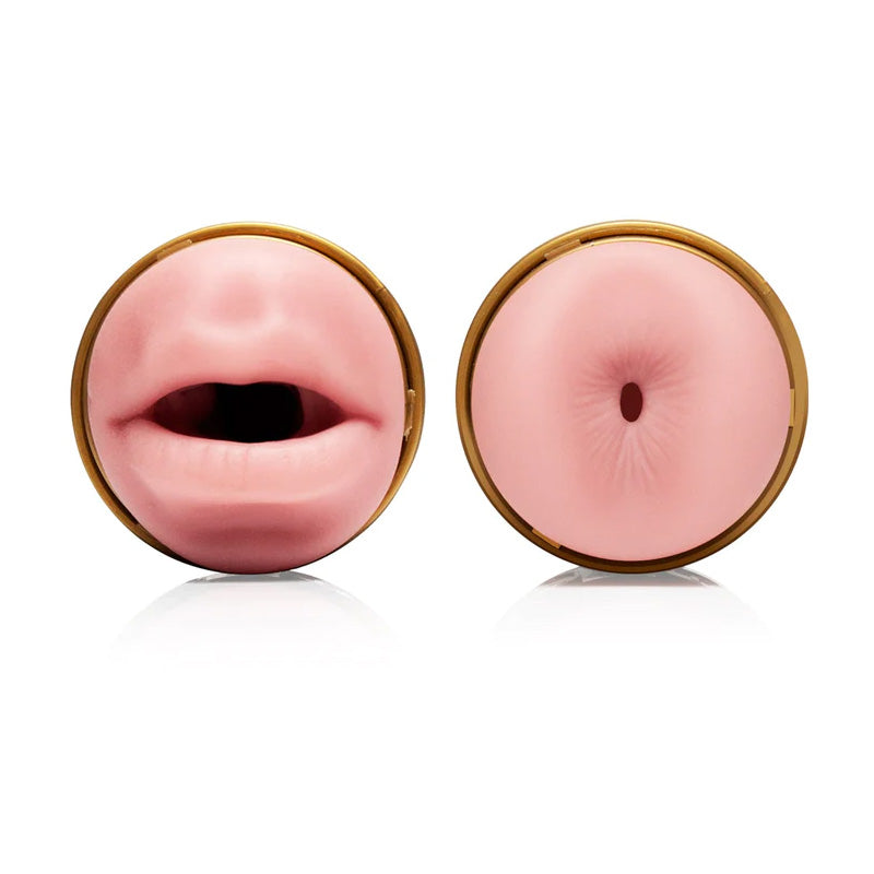 Fleshlight Quickshot Stamina Training Unit Mouth & Butt with images of both sleeve openings side by side