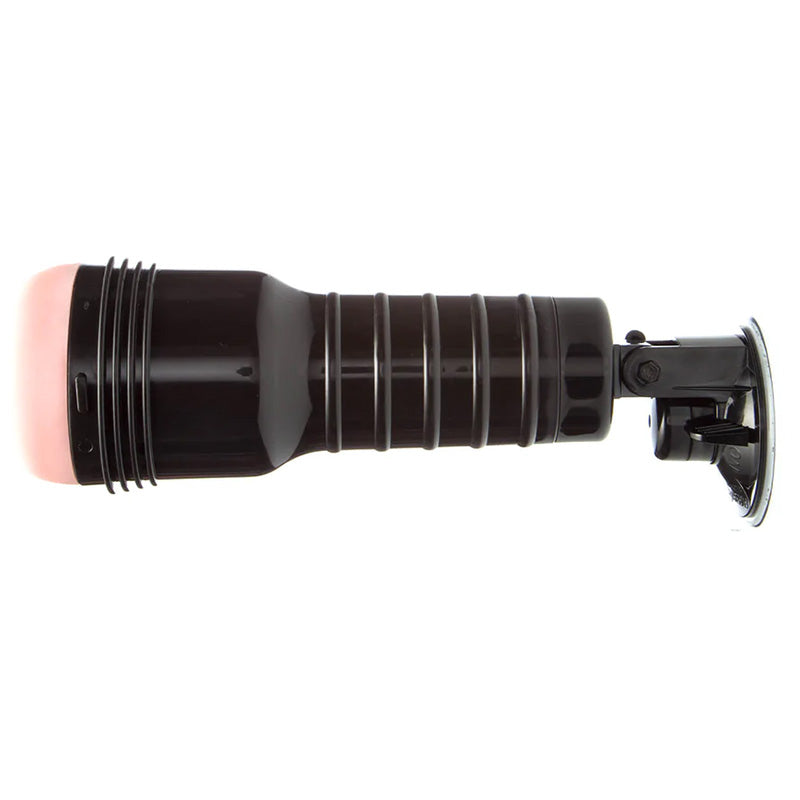 A side view of a black Fleshlight shower mount with suction cup base holding a black Fleshlight with pink butt sleeve