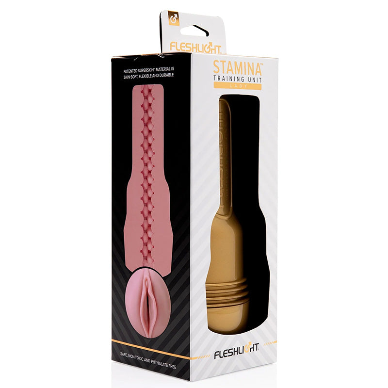 Fleshlight Stamina Training Unit Lady packaging with product visible inside and cross-section of bumpy inner sleeve texture