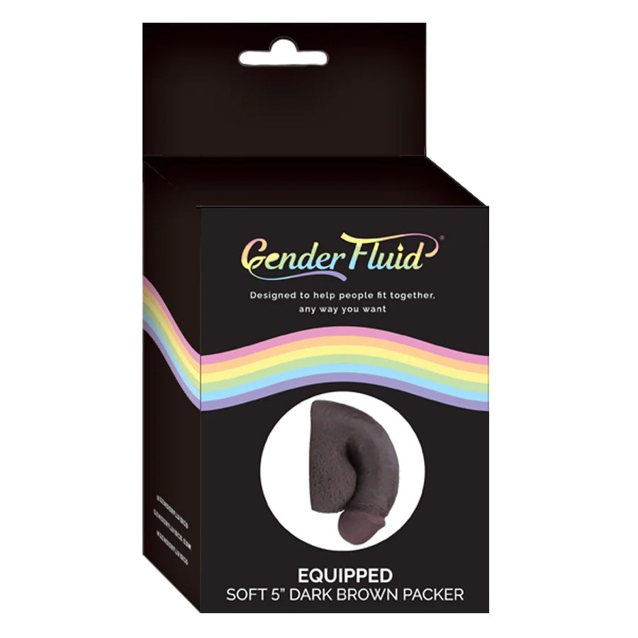 Box for Gender Fluid Equipped soft 5-inch dark brown packer with rainbow design on a white background