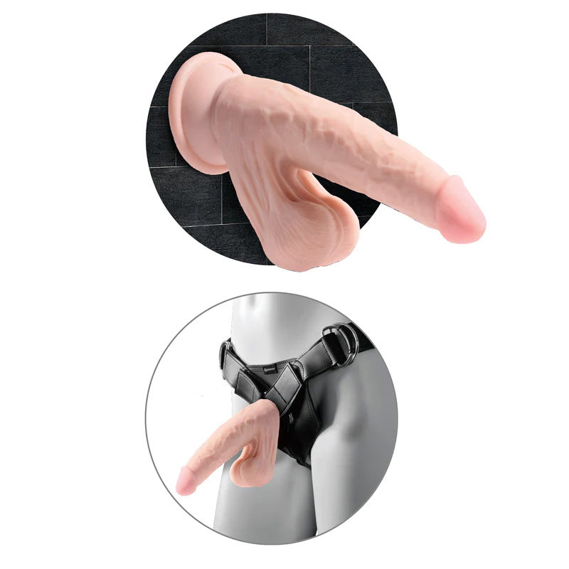 Pipedream PD5730-21 King Cock Plus 7 Inch Triple Density Cock with Swinging Balls Light attached to shower wall and worn in strap-on harness