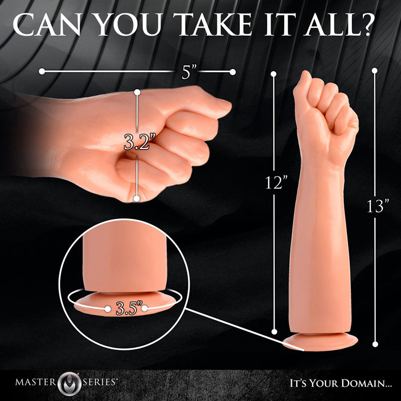Measurement chart for Fisto Clenched Fist Dildo with 'Can You Take It All?' in white lettering on a dark background