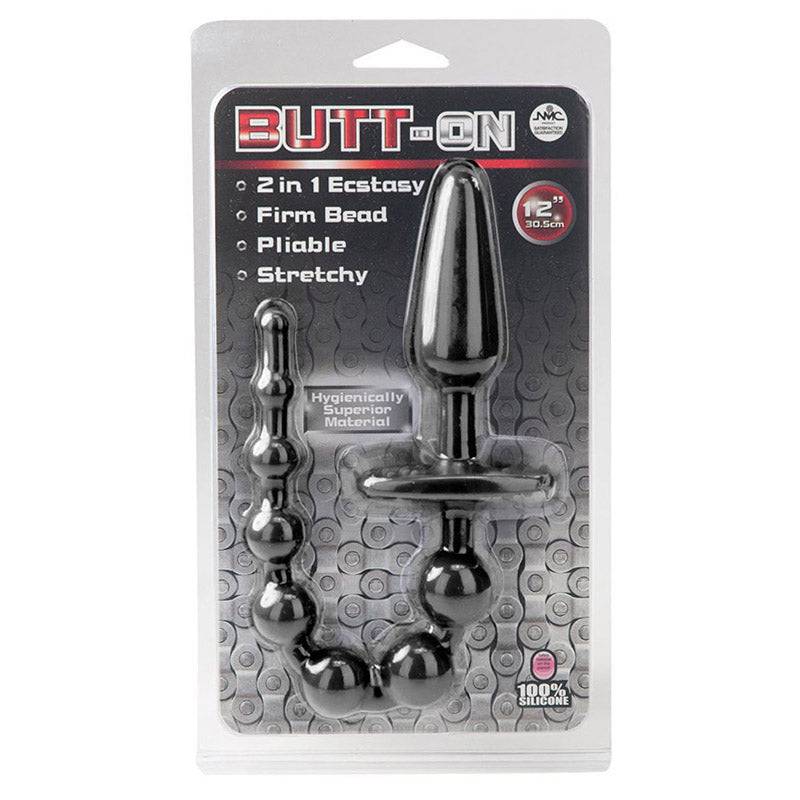 Packaged butt plug and anal bead combination with 'Butt-On' branding on a white background