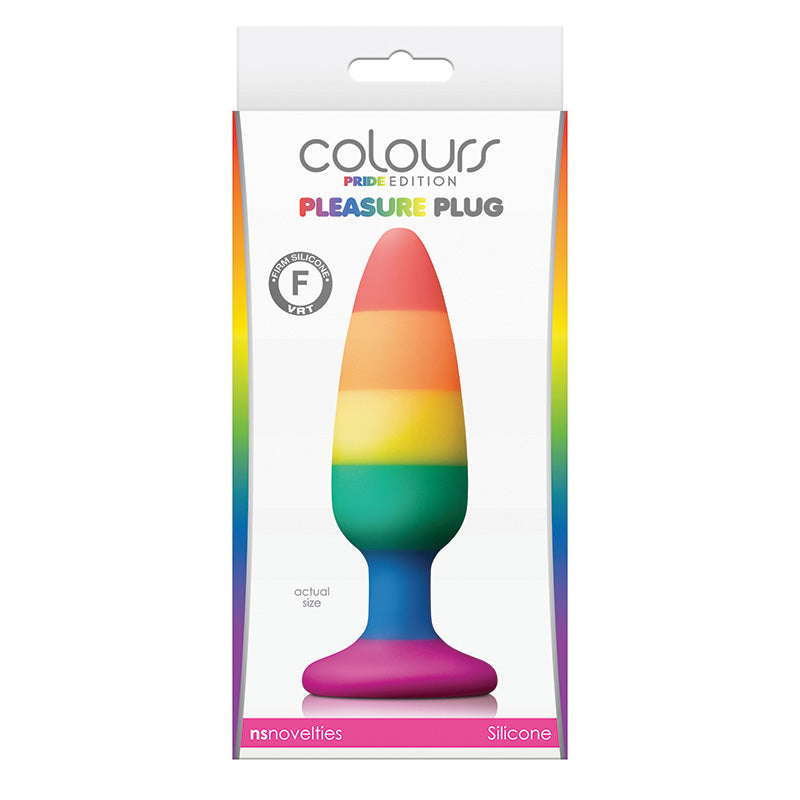 Product packaging for Colours Pride Edition Pleasure Plug with tapered rainbow silicone anal plug on a white background