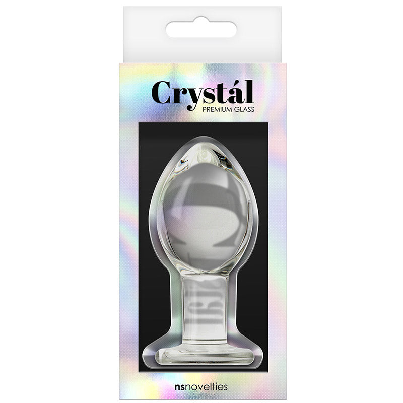 Iridescent product packaging for NSN-0701-31 Crystal Butt Plug - Large - Clear with text 'Crystal Premium Glass' and nsnovelties branding