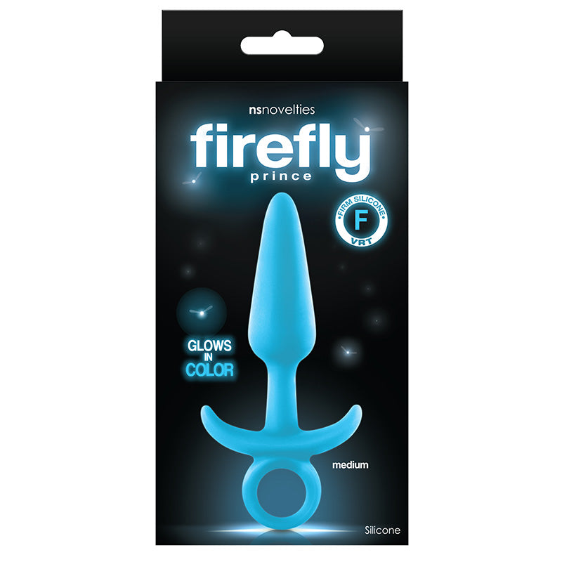 Blue 'Firefly Prince' product packaging with glow-in-the-dark butt plug with retrieval ring on a black background
