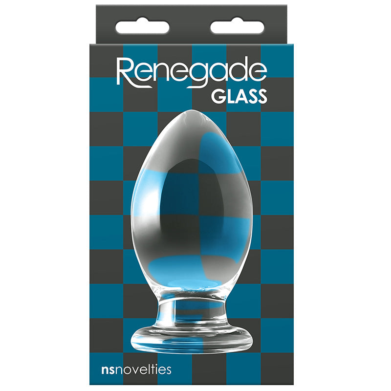 Product packaging for NSN-1175-11 Renegade Glass Bishop Anal Plug showing large tapered clear glass butt plug on a black and blue checkered background with title 'Renegade Glass' and nsnovelties branding