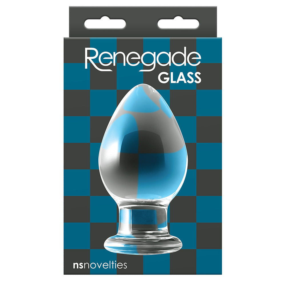 Product packaging for NSN-1175-21 Renegade Glass Knight Anal Plug showing large tapered clear glass butt plug on a black and blue checkered background with title 'Renegade Glass' and nsnovelties branding