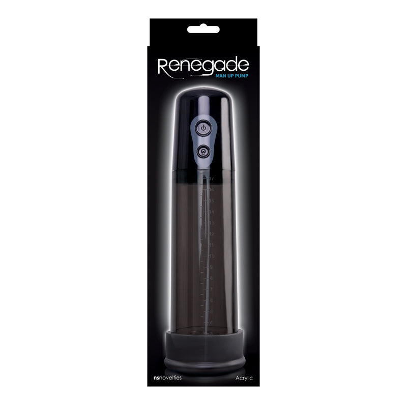 Black packaging for Renegade Man Up Pump showing black automatic penis pump with measuring markers on a white background