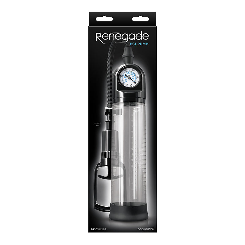 Renegade PSI Pump packaging showing clear cylinder penis pump with trigger handle and pressure gauge