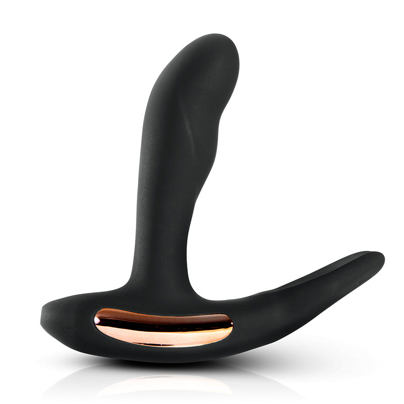 Side view of black Sphinx warming prostate massager with gold accents