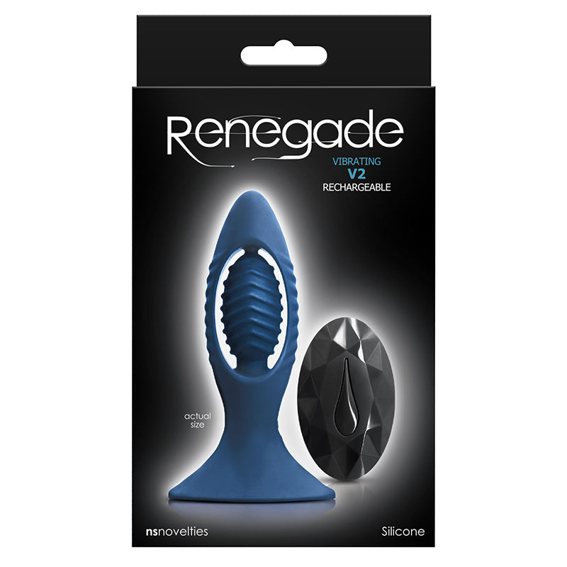 Product packaging for blue silicone Renegade Vibrating V2 rechargeable butt plug with remote control