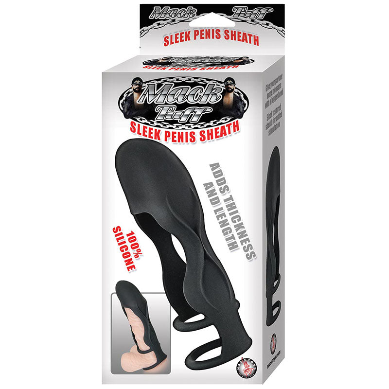Mack Tuff Sleek Penis Sheath packaging showing product images and text '100% silicone' and 'adds thickness and length' on a white background