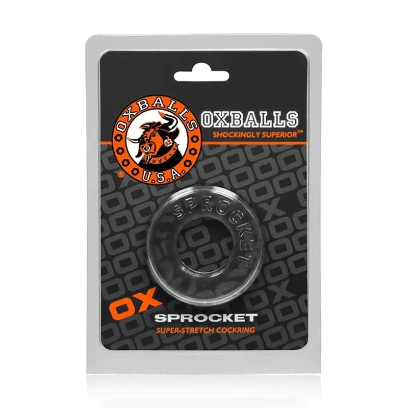 Product packaging for Oxballs Sprocket Super-Stretch Cockring on a white background