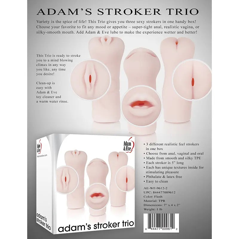 Packaging for Adam's Stroker Trio Male Masturbator Set AE-WF-9612-2