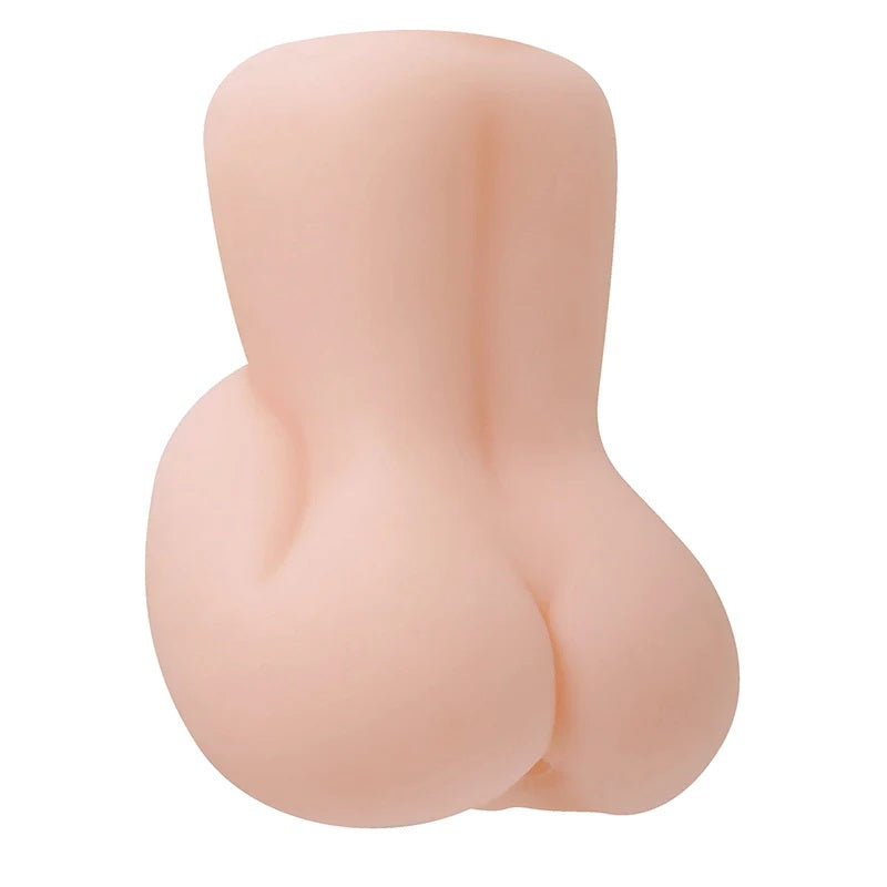 Light flesh tone handheld male masturbator on a white background