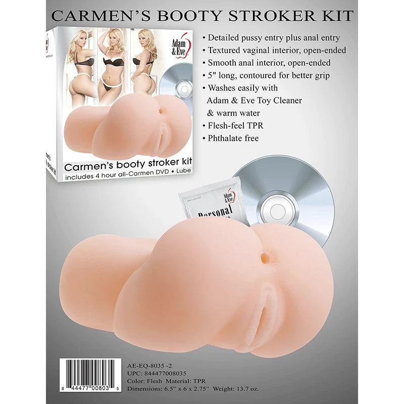 Carmen's Booty Stroker Kit packaging with product and accessories on a gray background