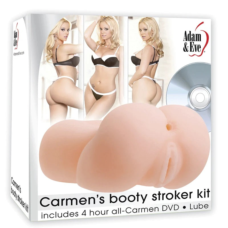 Product packaging for 'Carmen's Booty Stroker Kit' with images of a woman and product on a white background.