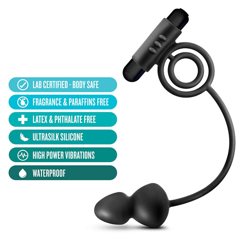 List of product features next to Blush BL-01805 Anal Adventures Platinum - Silicone Anal Plug with Vibrating C-Ring