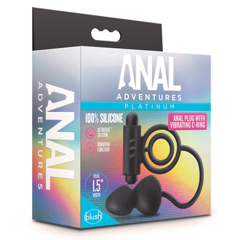 Product packaging for Anal Adventures Platinum Anal Plug with Vibrating C-Ring on white background