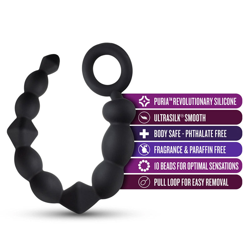 Features list for Blush BL-23945 Anal Adventures Platinum - Silicone Beginner Anal Beads next to product image