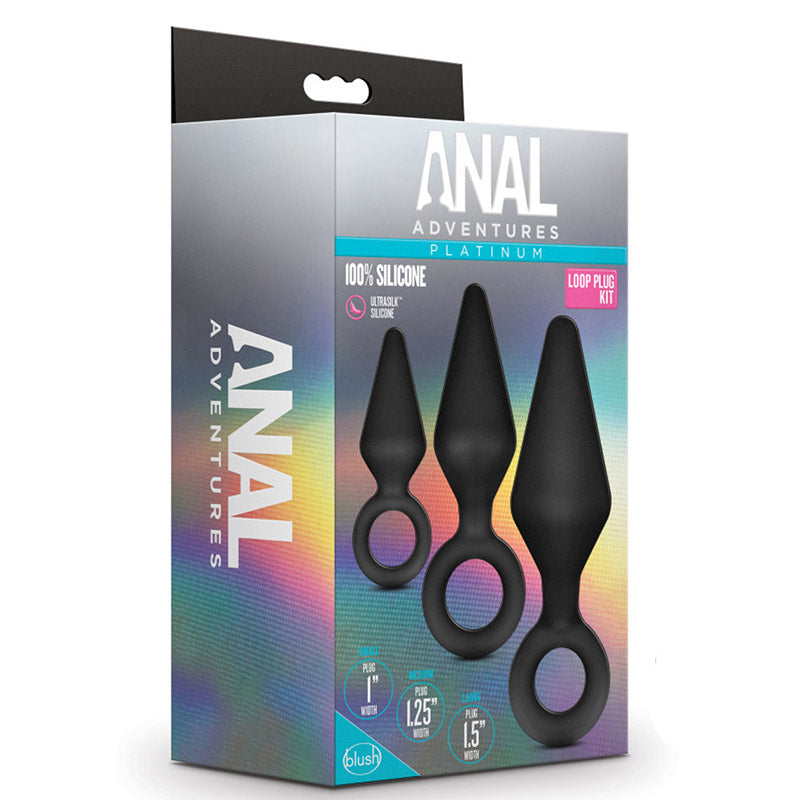 Product packaging for Anal Adventures Platinum Loop Plug Kit on white background