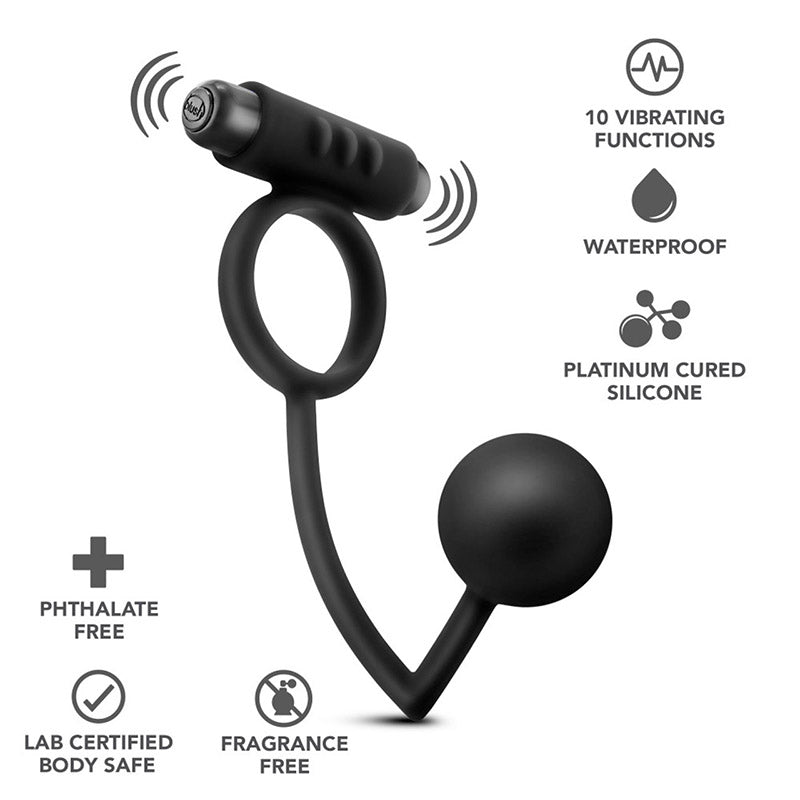 BL-01705 Anal Adventures Platinum Silicone Anal Ball with Vibrating C-Ring with features on white background