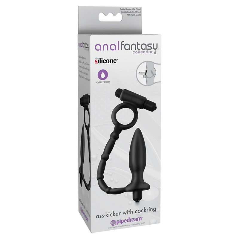 Product packaging for Anal Fantasy Collection Ass-Kicker With Cockring on white background