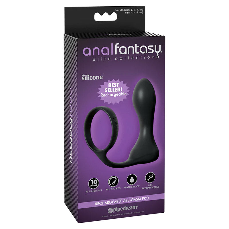 Product packaging for Anal Fantasy Elite Collection Rechargeable Ass-Gasm Pro featuring product image and features
