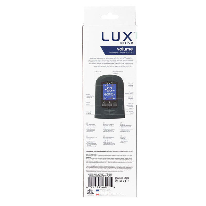 BMS Factory 46000 LUX active Volume Rechargeable Penis Pump package back