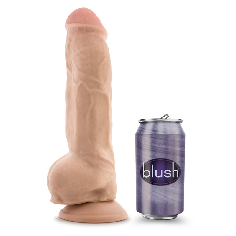 Blush BL-37583 Au Naturel Big Boy Sensa Feel 10 Inch Dildo Vanilla next to soda can to demonstrate size