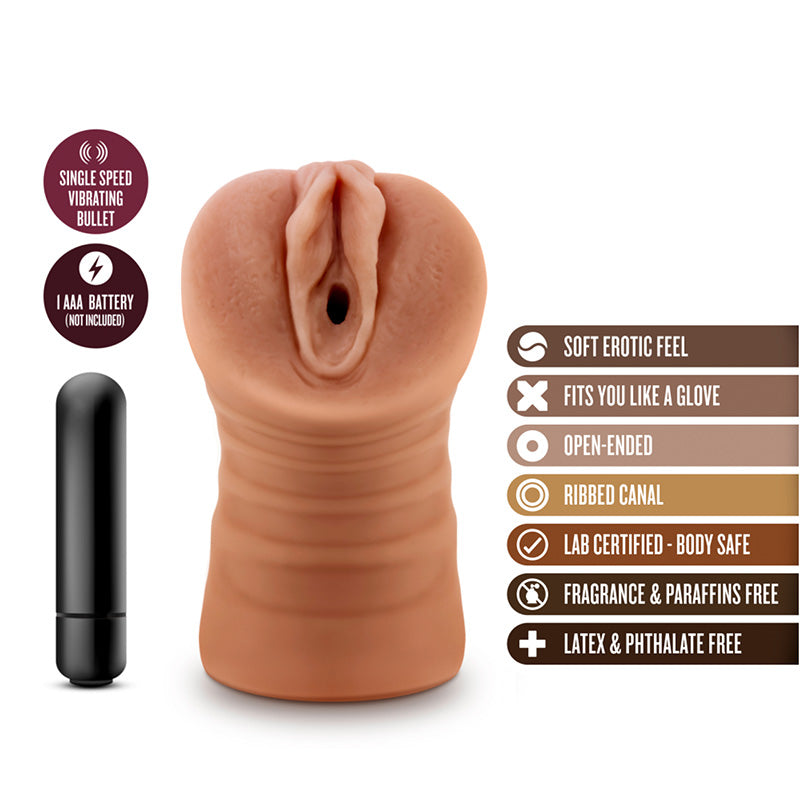 Features list for Blush BL-73517 M For Men Julieta Mocha Vibrating Pussy Stroker