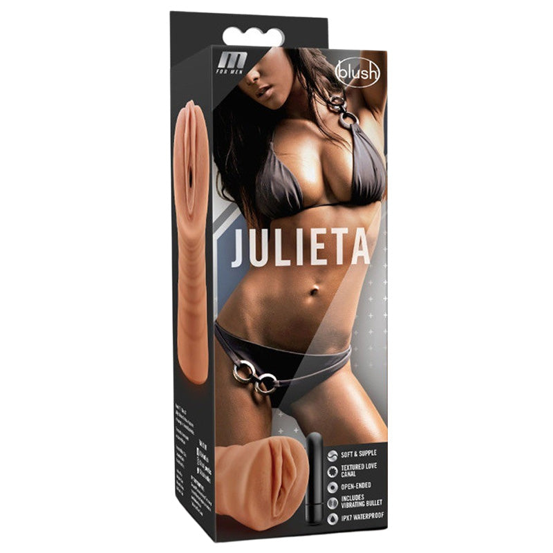 Product packaging for Blush BL-73517 M For Men Julieta Mocha Vibrating Pussy Stroker