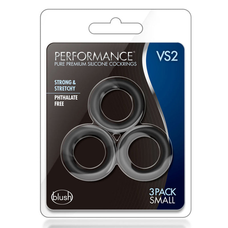 Product packaging for Blush BL-70815 Performance VS2 Pure Premium Silicone Cock Rings - Small - Black