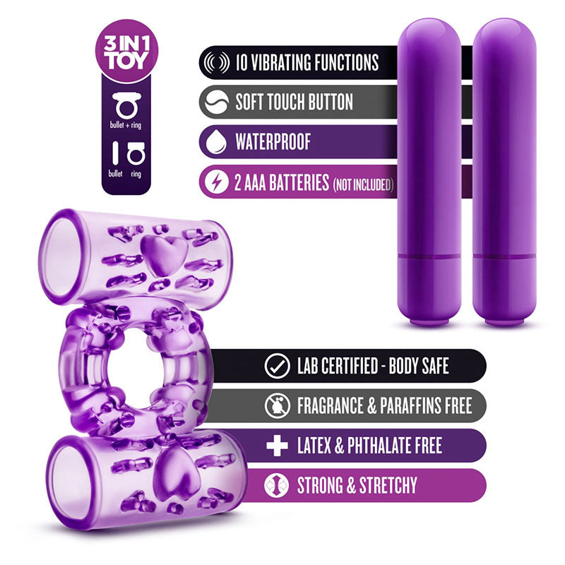 Features list for Blush BL-77101 Play With Me Double Play Dual Vibrating Cock Ring Purple
