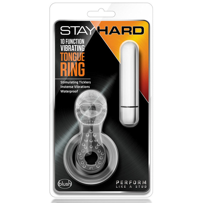 Product packaging for Blush BL-66912 Stay Hard 10 Function Vibrating Tongue Ring Clear