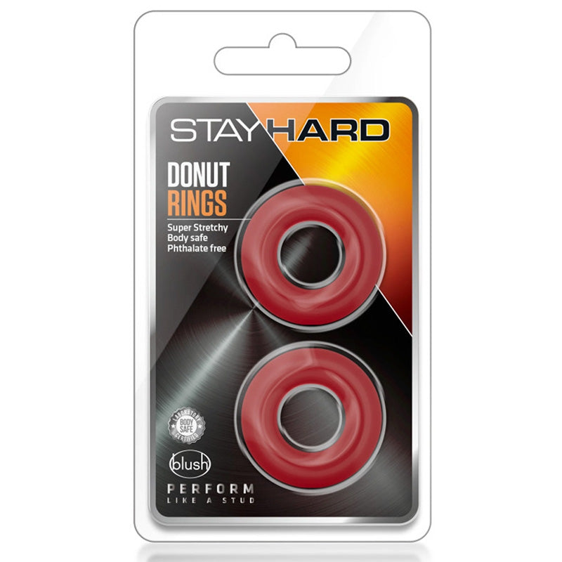 Product packaging for Blush BL-00898 Stay Hard Donut Rings - Red on white background