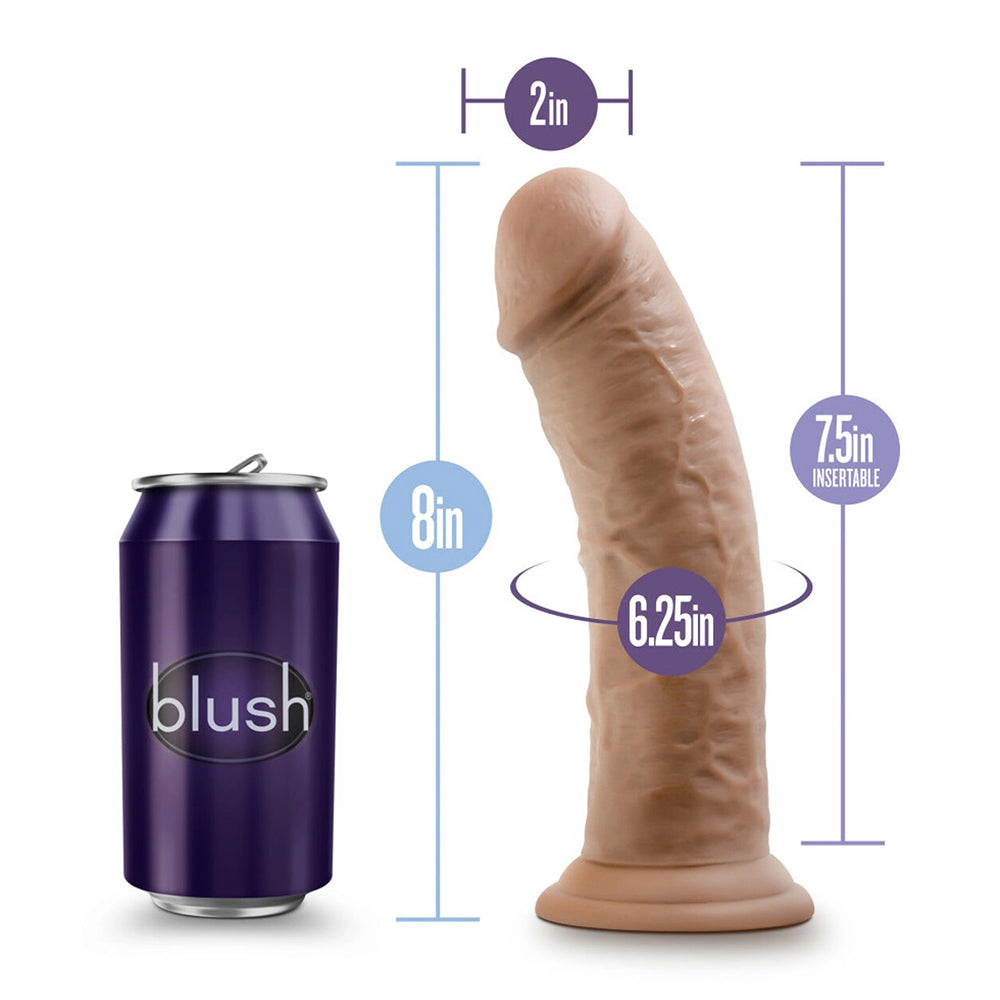 Blush BL-55807 Au Naturel 8 Inch Realistic Posable Dildo with Suction Cup Mocha measurements, compared next to a soda can