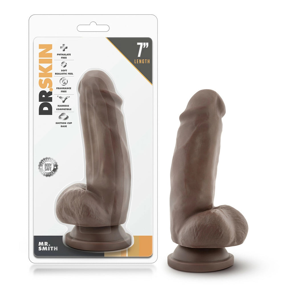 Dr. Skin Mr. Smith 7 Inch Brown Suction Cup Dildo standing next to product packaging on white background