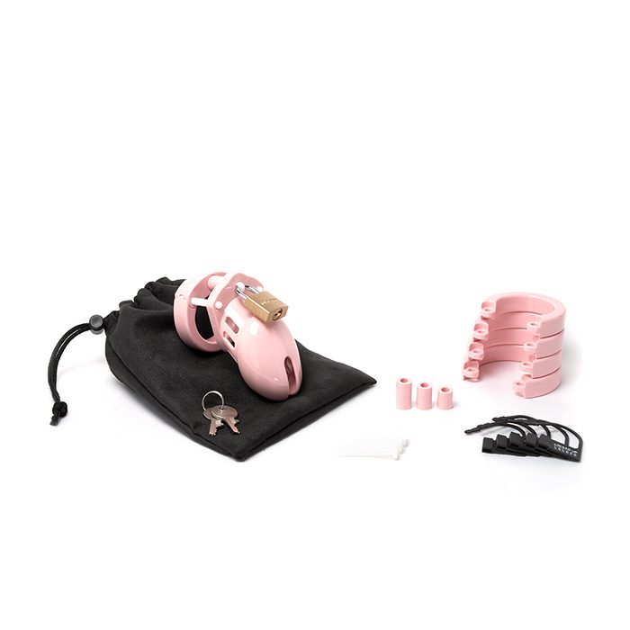 Pink CBX CB-6000S male chastity cage set with storage pouch