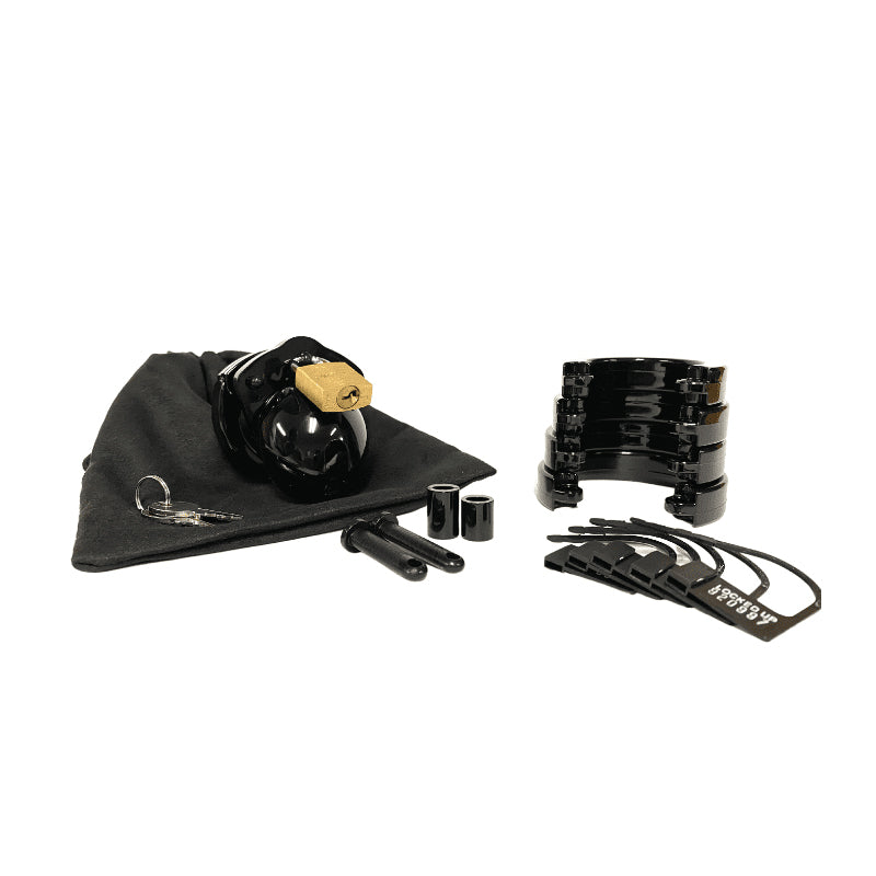 Black CB-X Mini-Me 1.25" Chastity Cock Cage kit with lock and storage pouch